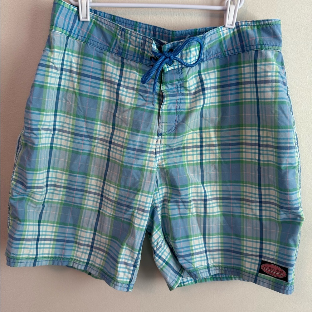 Vineyard Vines Blue and Green Plaid Men's Swim Trunks - Picture 1 of 3